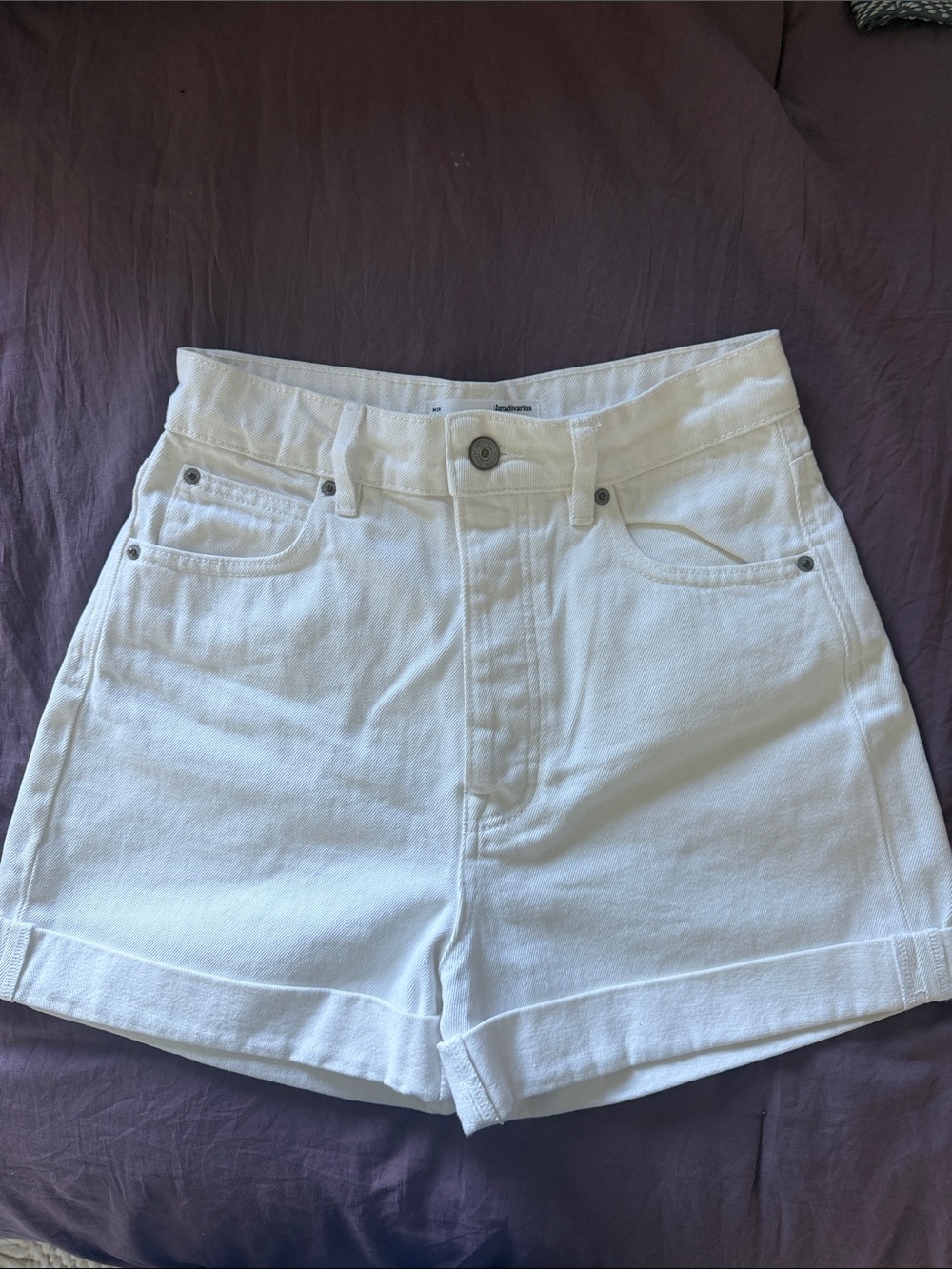 stradivarius White High-Waist Denim Shorts